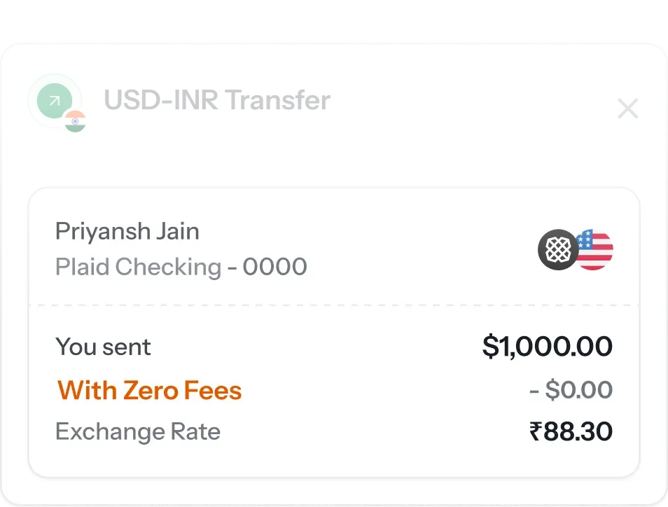 Zero Fee on Xpat Highlighting No Hidden Charges on Money Transfers from the USA to India.
